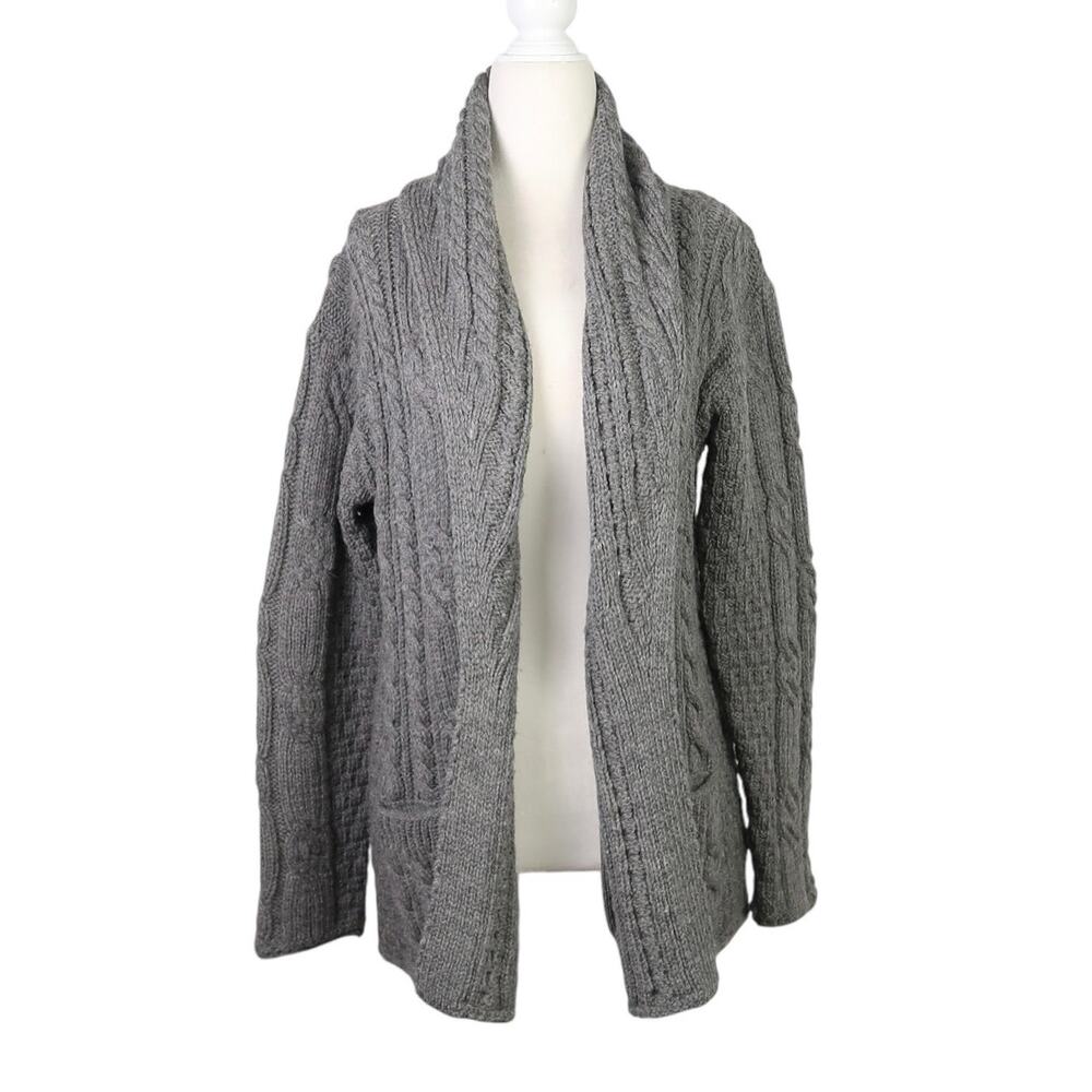 Carraig Donn Charcoal Grey Aran Cable Knit Merino Wool Knit Cardigan Sweater S